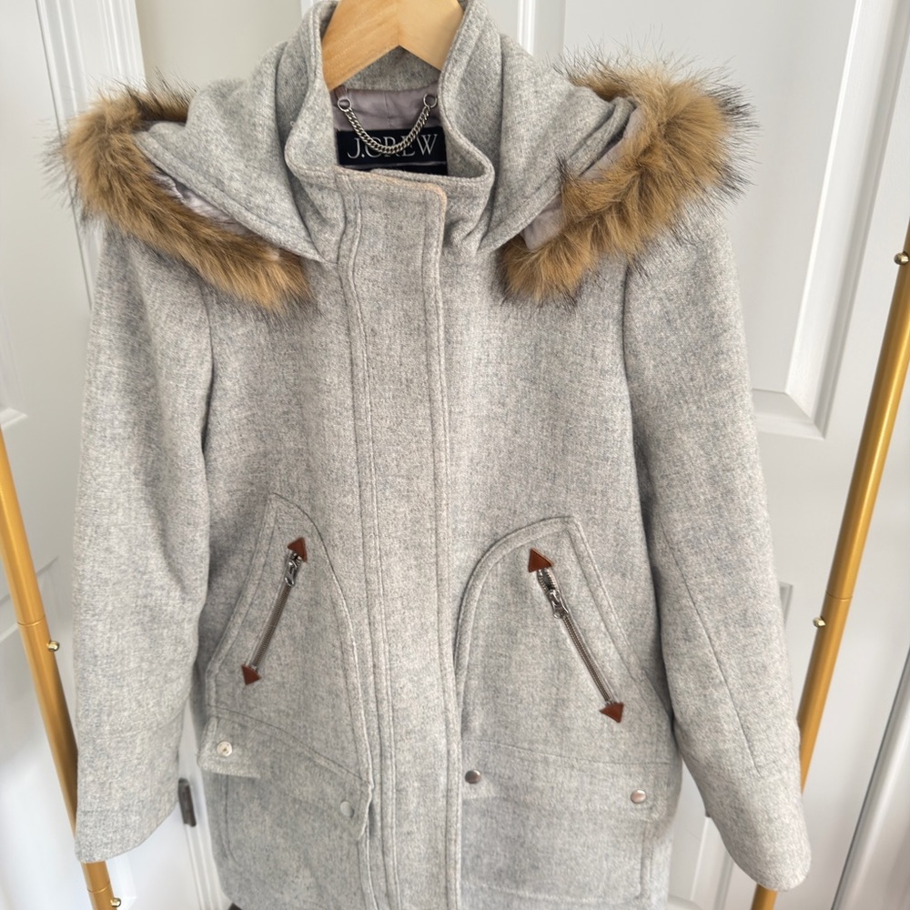 J. Crew Women's Light Gray Utility Jacket with Faux Fur Trim